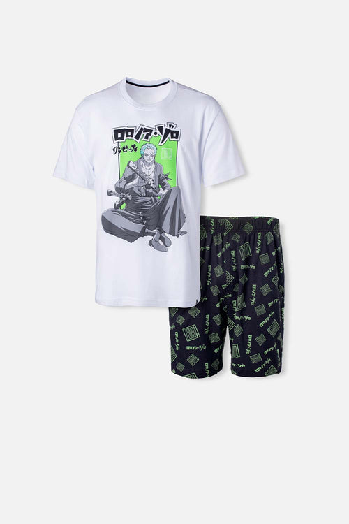 Card slide image -  PIJAMA DE ONE PIECE NEGRA Y BLANCA CON PANTALÓN CORTO PARA HOMBRE