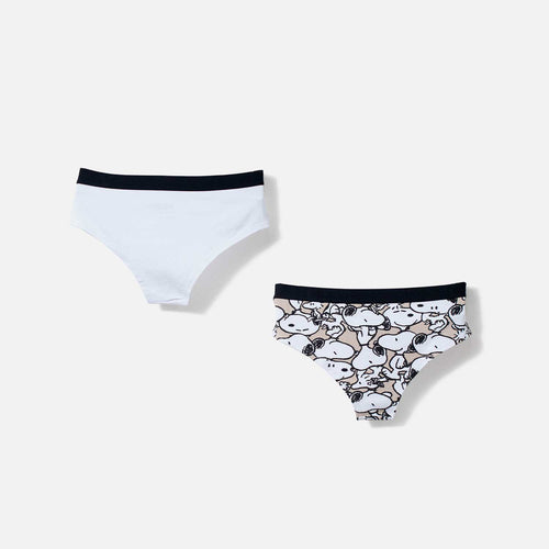 Card slide image -  PACK X2 PANTIES DE SNOOPY CON CINTURA ELÁSTICA BLANCO Y CAQUI PARA MUJER