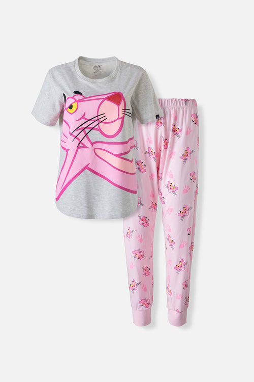 Card slide image -  PIJAMA DE LA PANTERA ROSA GRIS Y ROSADA DE PANTALÓN LARGO PARA MUJER