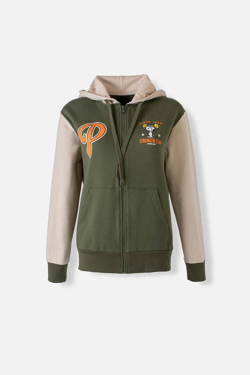 Card slide image -  BUZO  DE SNOOPY CON CIERRE Y CAPUCHA VERDE Y CAQUI PARA MUJER