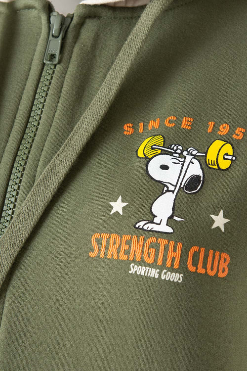 Card slide image -  BUZO  DE SNOOPY CON CIERRE Y CAPUCHA VERDE Y CAQUI PARA MUJER