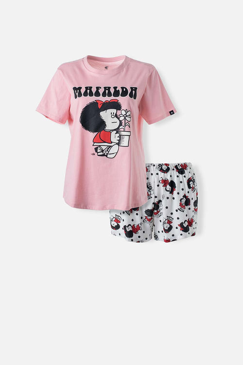 Card slide image -  PIJAMA DE MAFALDA ROSA Y MARFIL DE SHORT PARA MUJER