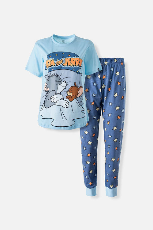 Card slide image -  PIJAMA DE TOM Y JERRY  MANGA CORTA AZUL PARA MUJER