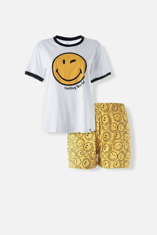 Card slide image -  PIJAMA DE SMILEY AMARILLA Y BLANCA DE PANTALÓN CORTO PARA MUJER