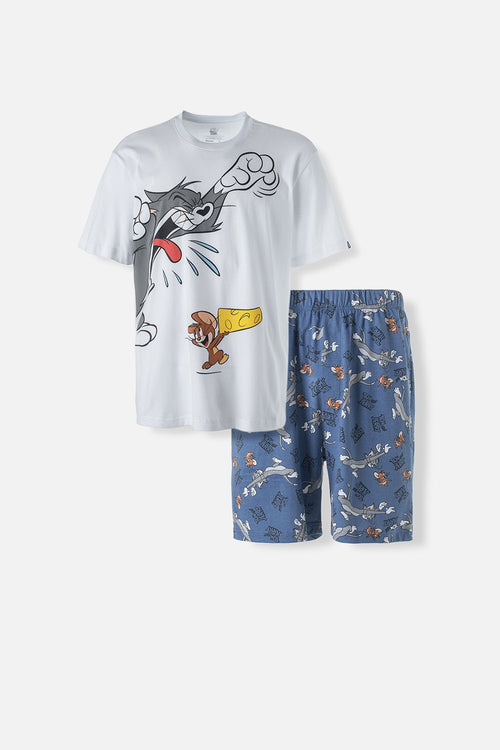 Card slide image -  PIJAMA DE TOM Y JERRY BLANCA Y AZUL DE PANTALÓN CORTO PARA HOMBRE