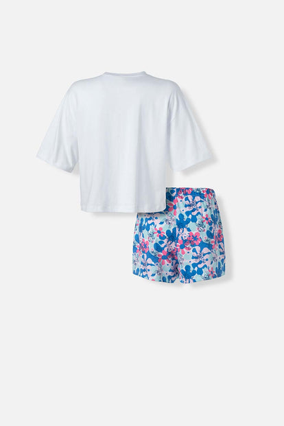 PIJAMA DE STITCH BLANCA Y MULTICOLOR DE PANTALÓN CORTO PARA MUJER