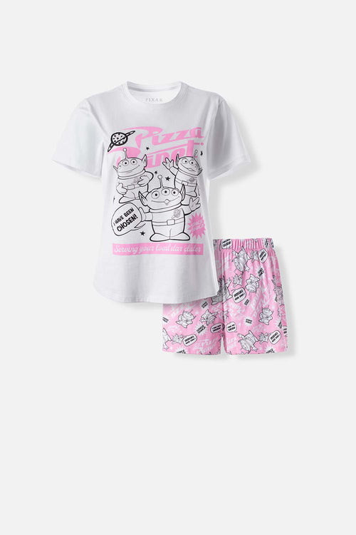 Card slide image -  PIJAMA DE TOY STORY CON PANTALÓN CORTO BLANCO Y ROSA PARA MUJER