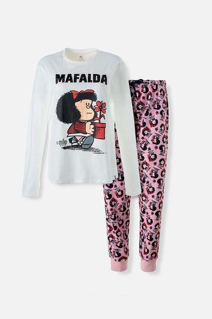  PIJAMA DE MAFALDA MARFIL Y ROSADA DE PANTALÓN LARGO PARA MUJER