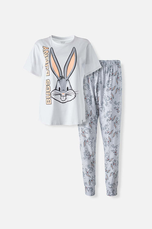 PIJAMA DE LOONEY TUNES PANTALÓN LARGO BLANCO Y GRIS PARA MUJER