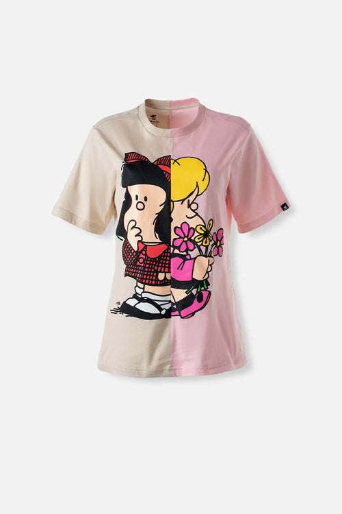 Card slide image -  CAMISETA DE MAFALDA MANGA CORTA CAQUI Y ROSADO PARA MUJER