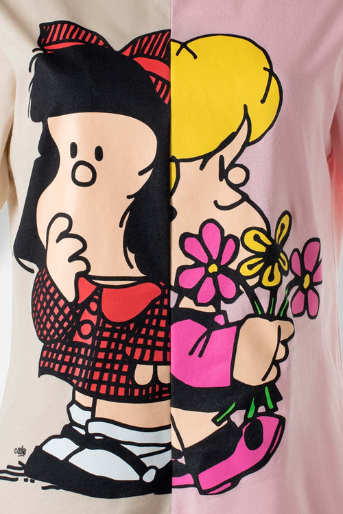Card slide image -  CAMISETA DE MAFALDA MANGA CORTA CAQUI Y ROSADO PARA MUJER