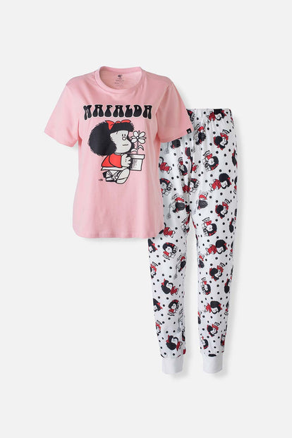  PIJAMA DE MAFALDA DE PANTALÓN LARGO MARFIL Y PALO DE ROSA PARA MUJER