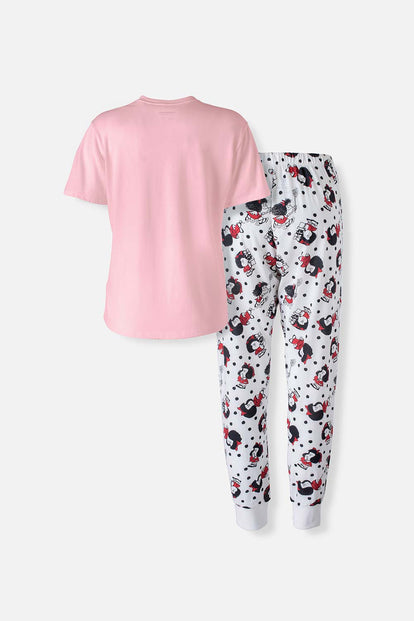  PIJAMA DE MAFALDA DE PANTALÓN LARGO MARFIL Y PALO DE ROSA PARA MUJER
