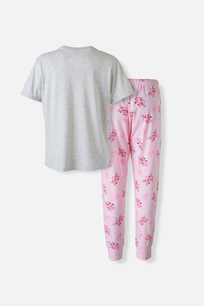  PIJAMA DE LA PANTERA ROSA GRIS Y ROSADA DE PANTALÓN LARGO PARA MUJER