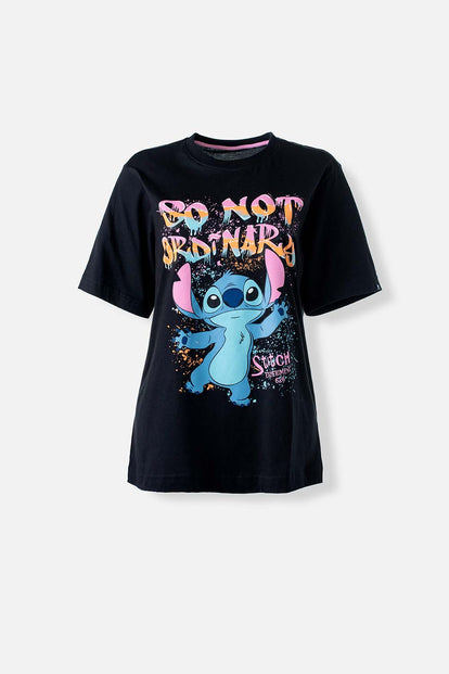  CAMISETA DE STITCH NEGRA ESTAMPADA EN FRENTE PARA MUJER