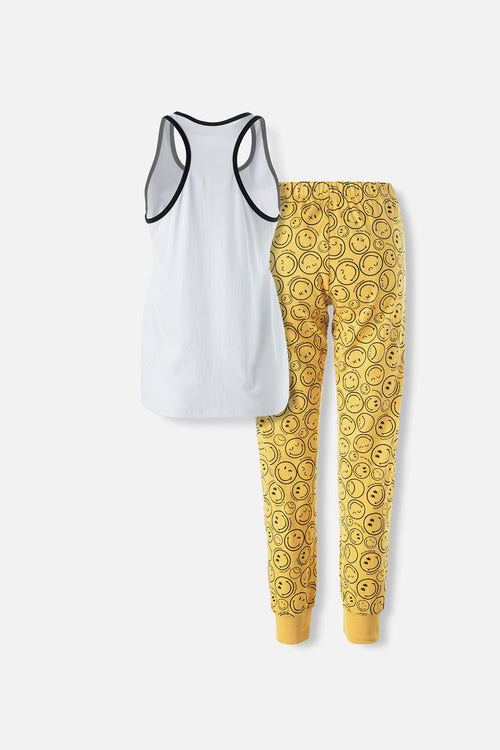 Card slide image -  PIJAMA DE SMILEY BLANCA Y AMARILLA DE PANTALÓN LARGO PARA MUJER