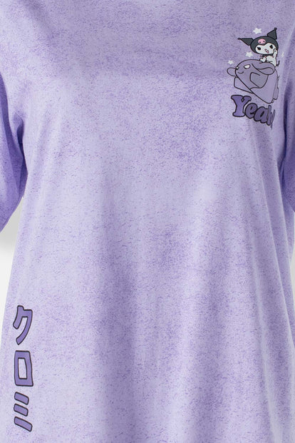  CAMISETA DE KUROMI LILA JASPEADO MANGA CORTA PARA MUJER