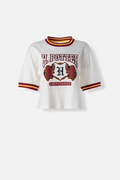  CAMISETA DE HARRY POTTER MARFIL Y VINOTINTO ESTAMPADA EN FRENTE PARA MUJER