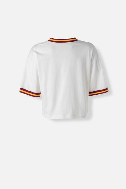  CAMISETA DE HARRY POTTER MARFIL Y VINOTINTO ESTAMPADA EN FRENTE PARA MUJER