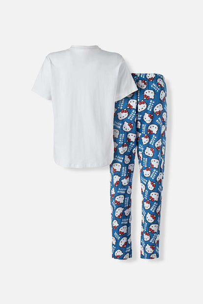  PIJAMA DE HELLO KITTY DE PANTALÓN LARGO BLANCO Y AZUL PARA MUJER