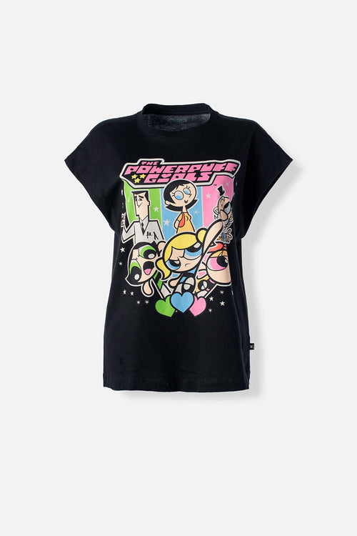 Card slide image -  CAMISETA DE LAS CHICAS SUPERPODEROSAS NEGRA ESTAMPADA EN FRENTE PARA MUJER