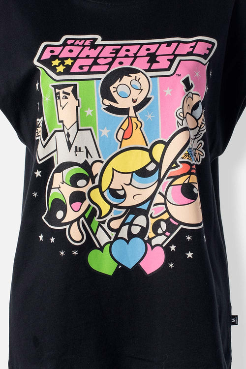Card slide image -  CAMISETA DE LAS CHICAS SUPERPODEROSAS NEGRA ESTAMPADA EN FRENTE PARA MUJER