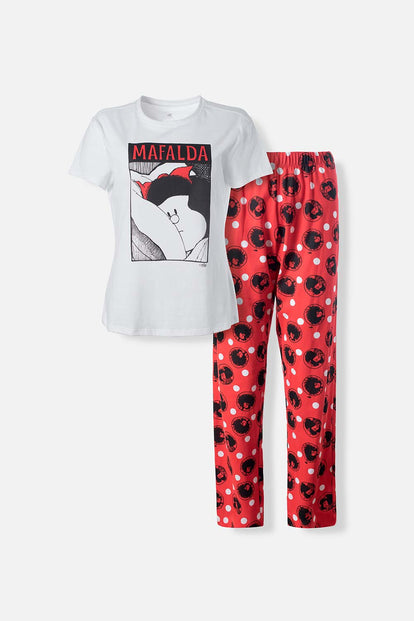  PIJAMA DE MAFALDA DE PANTALÓN LARGO BLANCO Y ROJO PARA MUJER