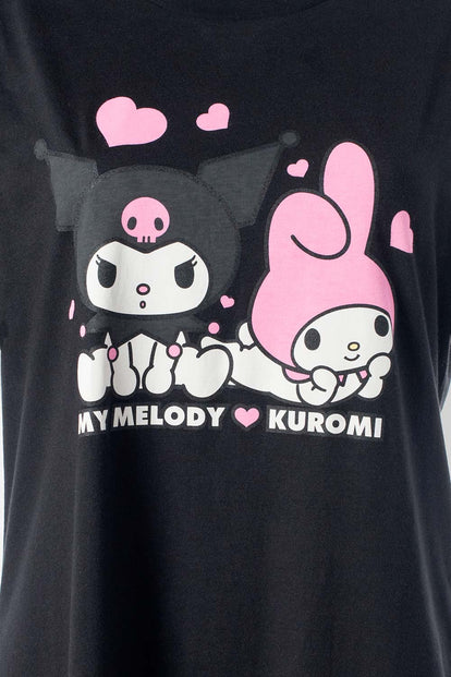  PIJAMA TIPO BATOLA DE MY MELODY Y KUROMI MANGA CORTA PARA MUJER