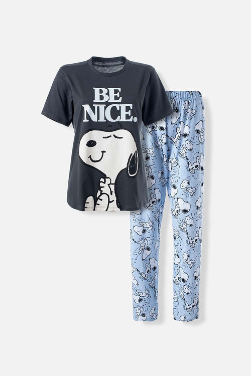 Card slide image -  PIJAMA DE SNOOPY DE PANTALÓN LARGO AZUL Y NEGRO PARA MUJER