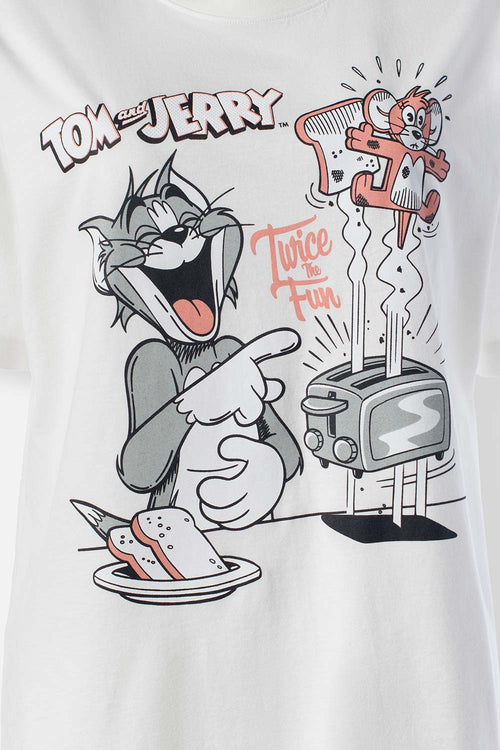 Card slide image -  CAMISETA DE TOM Y JERRY CUELLO REDONDO MARFIL PARA MUJER