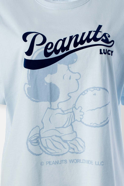  CAMISETA DE SNOOPY AZUL CLARA ESTAMPADA EN FRENTE PARA MUJER