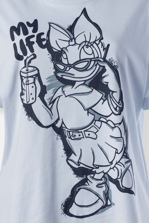 Card slide image -  CAMISETA DE DAISY AZUL ESTAMPADA EN FRENTE PARA MUJER