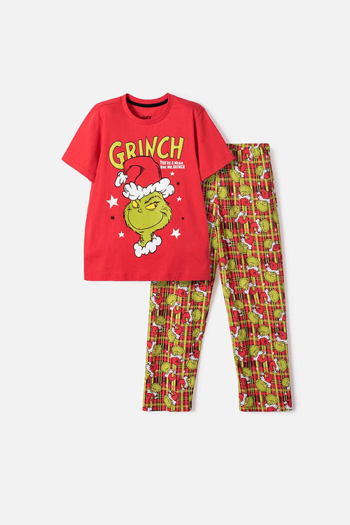 Card slide image -  PIJAMA DE GRINCH PANTALÓN LARGO ROJO PARA NIÑO UNISEX