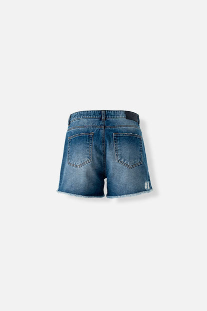  SHORT DE MOVIES EN DENIM TONO MEDIO CON ROTOS PARA MUJER
