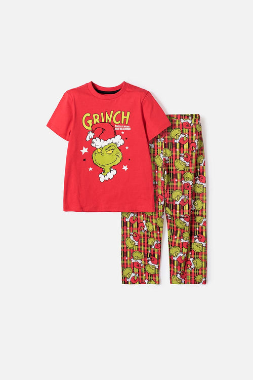 Card slide image -  PIJAMA DE GRINCH PANTALÓN LARGO ROJO PARA NIÑO UNISEX 2T A 5T