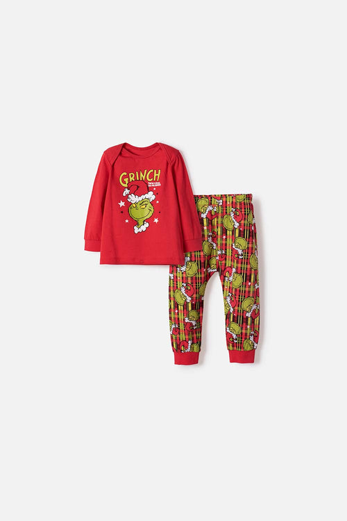 PIJAMA DE GRINCH CON PANTALÓN LARGO ROJO PARA BEBÉ UNISEX